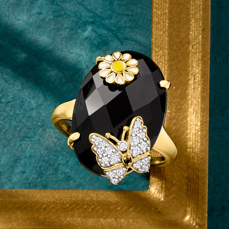 Onyx and .20 ct. t.w. White Zircon Butterfly and Flower Ring with Single Black Spinel in 18kt Gold Over Sterling image number 3