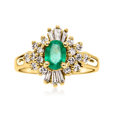 C. 1980 Vintage .65 Carat Emerald Ring with .76 ct. t.w. Diamonds in 14kt Yellow Gold