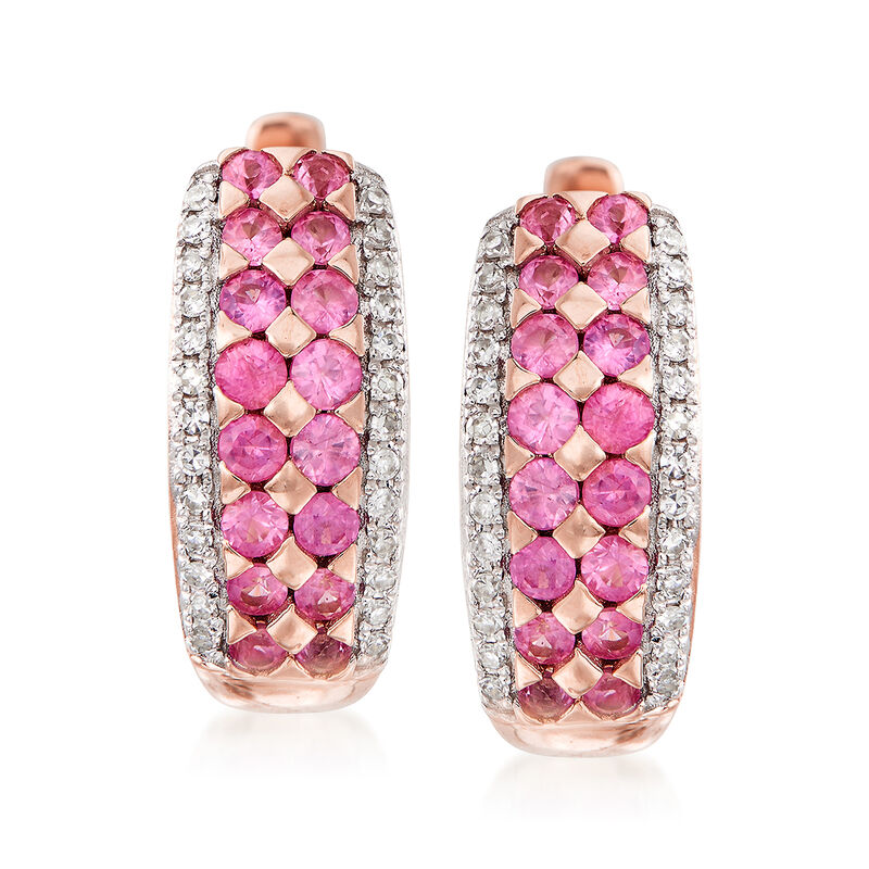 .50 ct. t.w. Pink Sapphire Huggie Hoop Earrings with .12 ct. t.w. Diamonds in 14kt Rose Gold image number 0