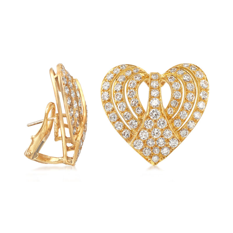 C. 1980 Vintage 3.00 ct. t.w. Diamond Heart Earrings in 18kt Yellow Gold image number 2