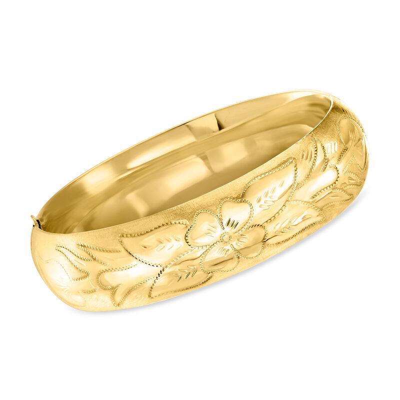 1960 Vintage 14kt Yellow Gold Etched Flower Bangle Bracelet