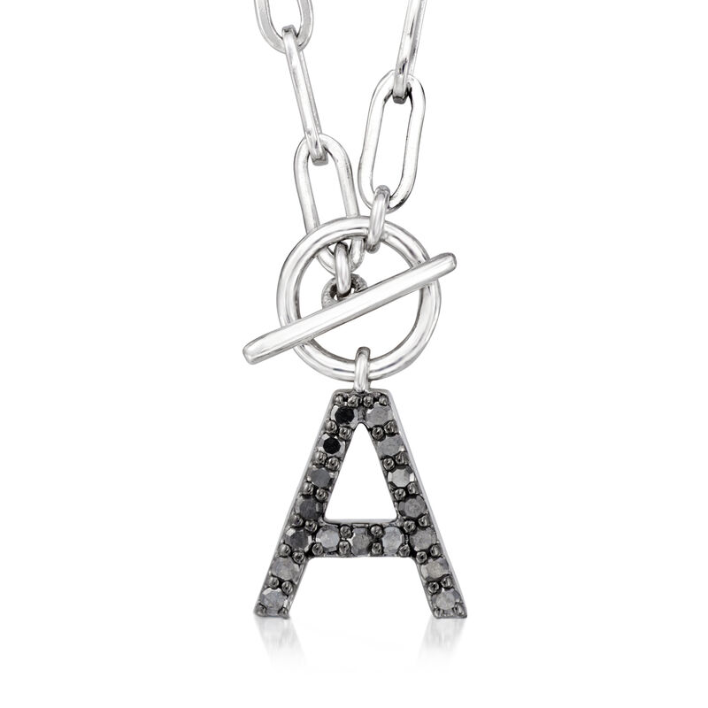 A - .10 ct. t.w. Black Diamond Initial Paper Clip Link Toggle Necklace in Sterling Silver. 16"   image number 0