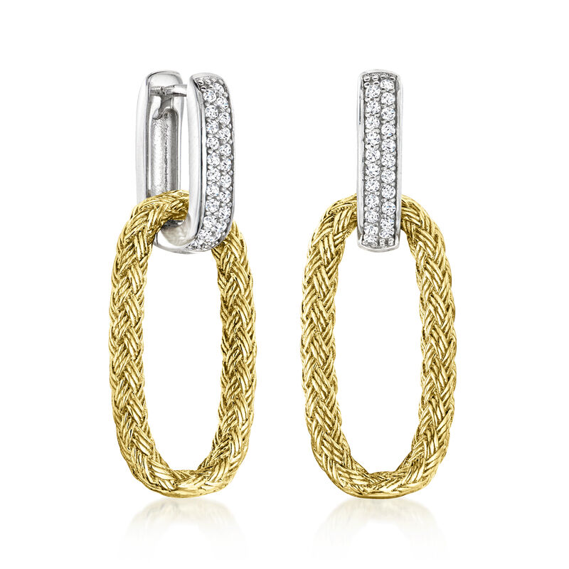 .20 ct. t.w. CZ Paper Clip Link Hoop Earrings in Sterling Silver with 18kt Gold Over Sterling Removable Braided Drops image number 0