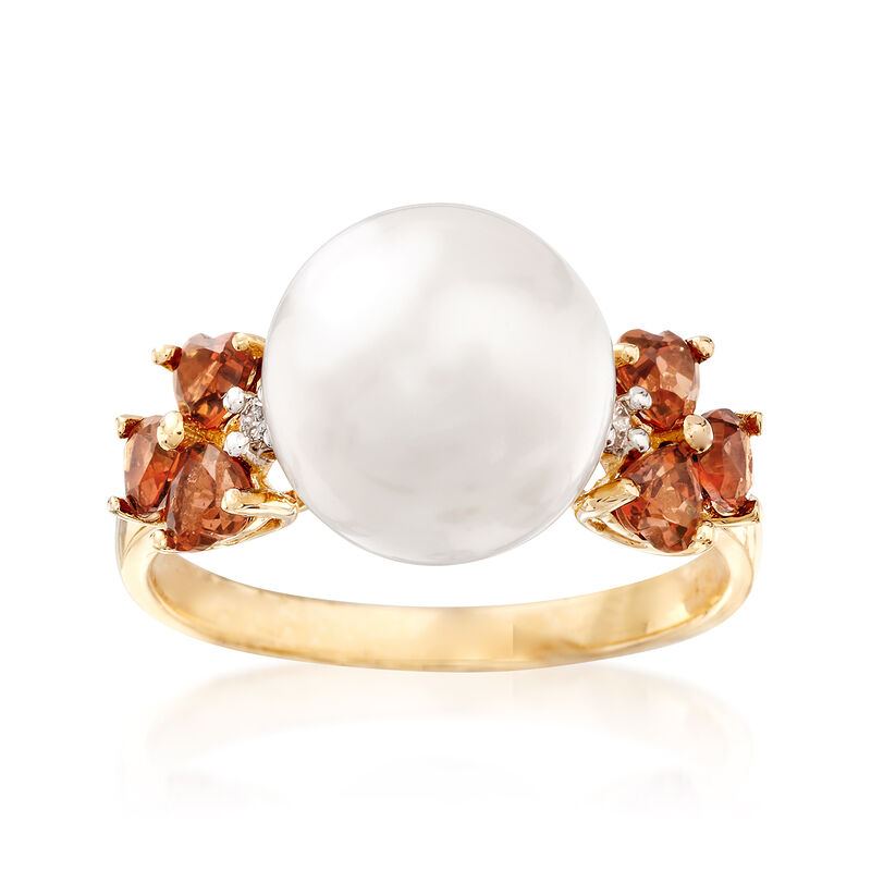 10-10.5mm Cultured Pearl and .90 ct. t.w. Garnet Ring with Diamond Accents in 14kt Yellow Gold image number 0