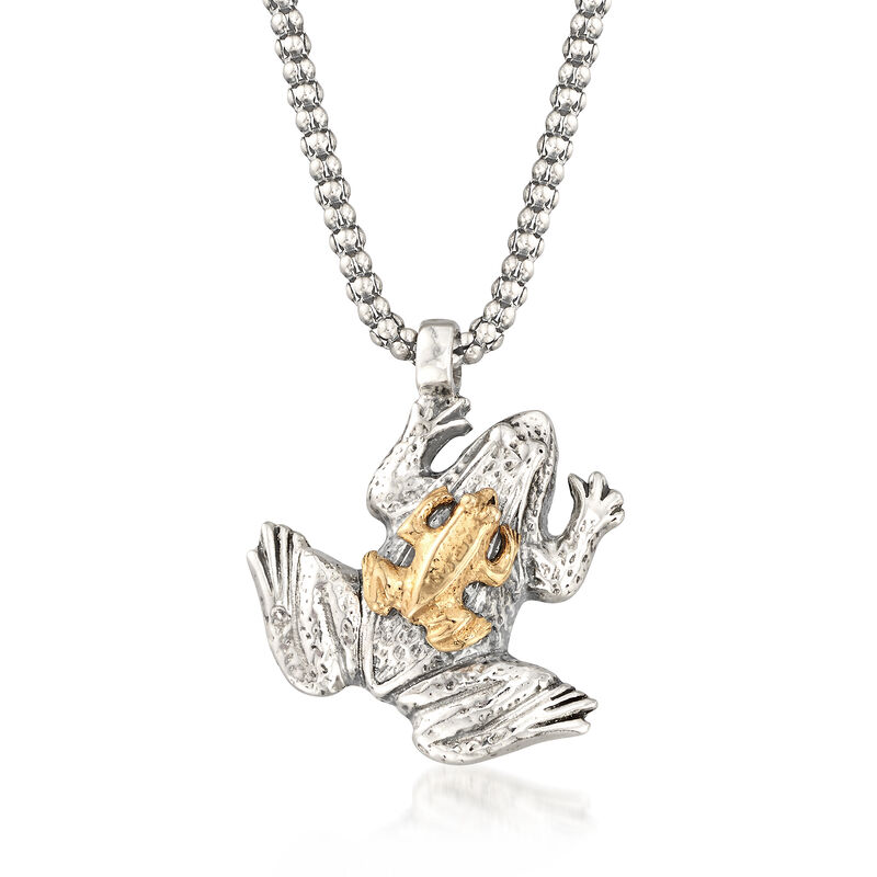 Sterling Silver and 14kt Yellow Gold Frog Pendant Necklace. 18&quot; image number 0