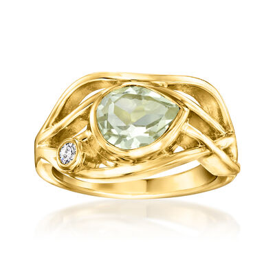 1.50 Carat Prasiolite Highway Ring with Single Lab-Grown Diamond in 18kt Gold Over Sterling