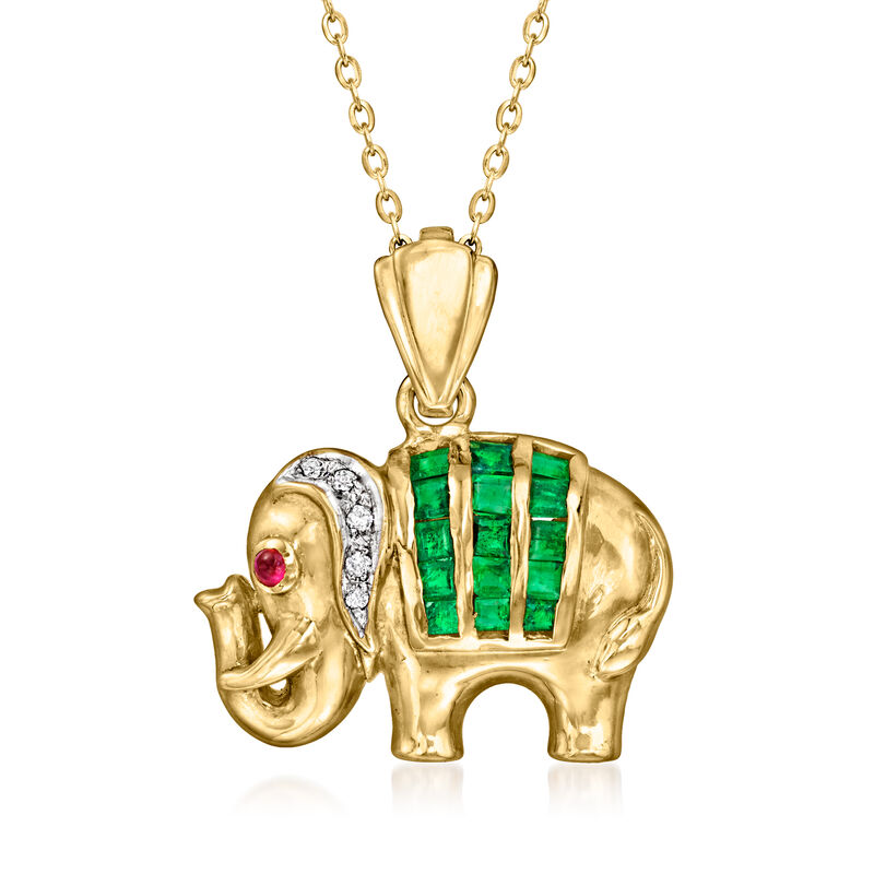 C. 1980 Vintage .90 ct. t.w. Emerald Elephant Pendant Necklace with Diamond and Ruby Accents in 18kt Yellow Gold image number 0
