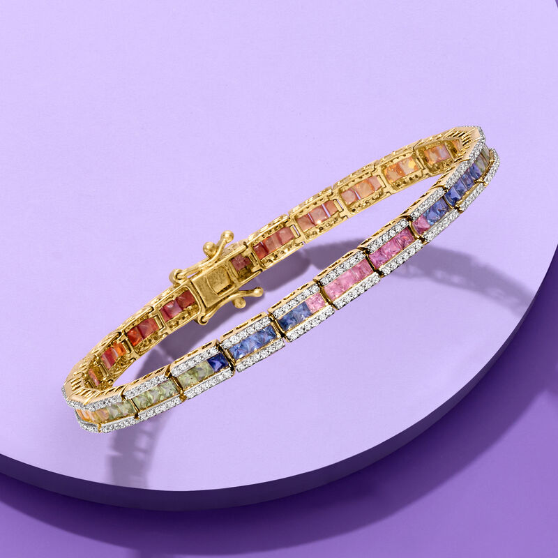 7.00 ct. t.w. Multicolored Sapphire and 1.15 ct. t.w. Diamond Bracelet in 14kt Yellow Gold. 7&quot; image number 3