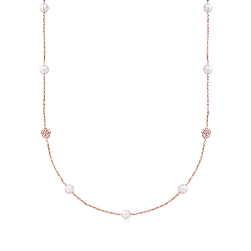 Mikimoto &quot;Cherry Blossom&quot; 7mm A+ Akoya Pearl and .46 ct. t.w. Diamond Necklace in 18kt Rose Gold. 34.5&quot; image number 1
