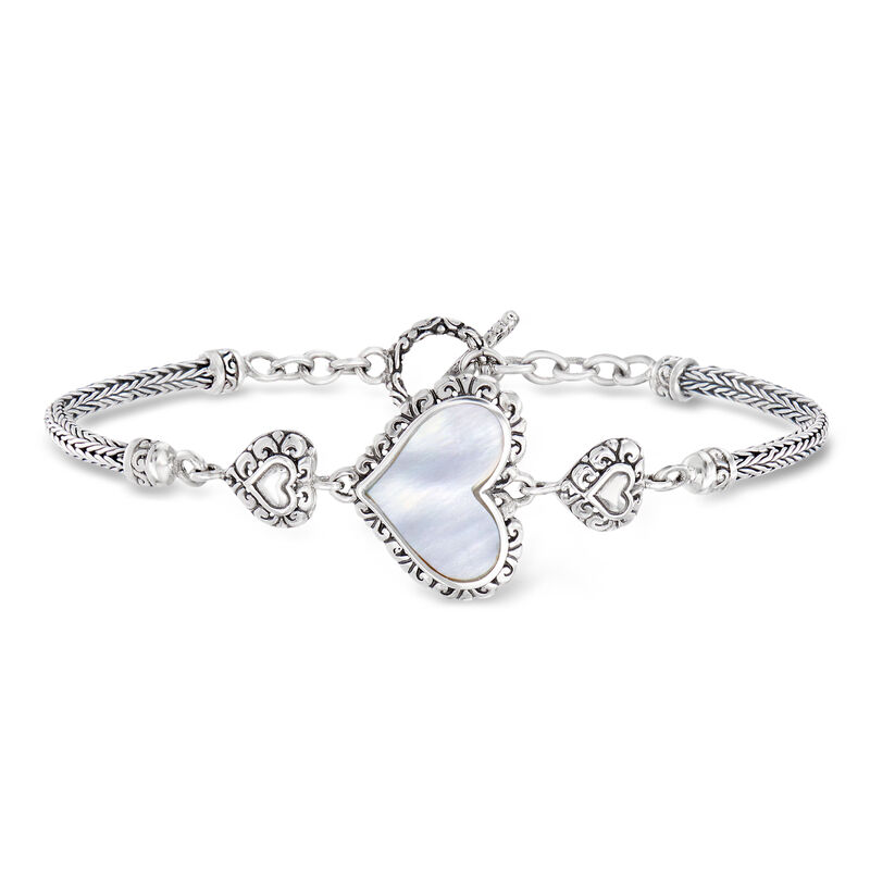 10x15mm Mother-of-Pearl Bali-Style Heart Bracelet in Sterling Silver image number 0