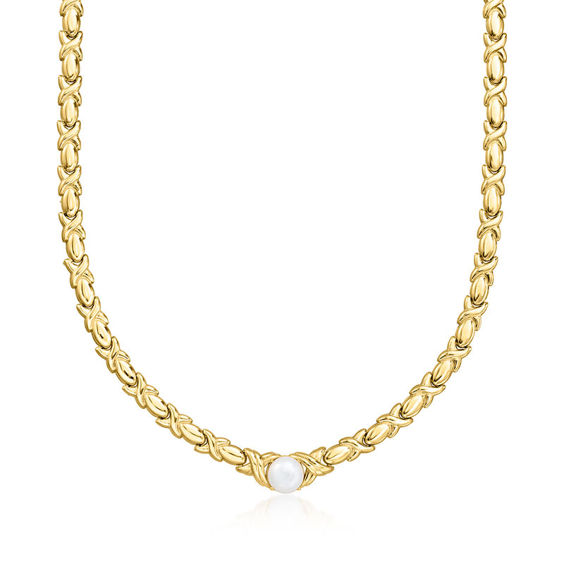 Italian 9-9.5mm Cultured Pearl XO Necklace in 18kt Gold Over Sterling. 18" image number 1