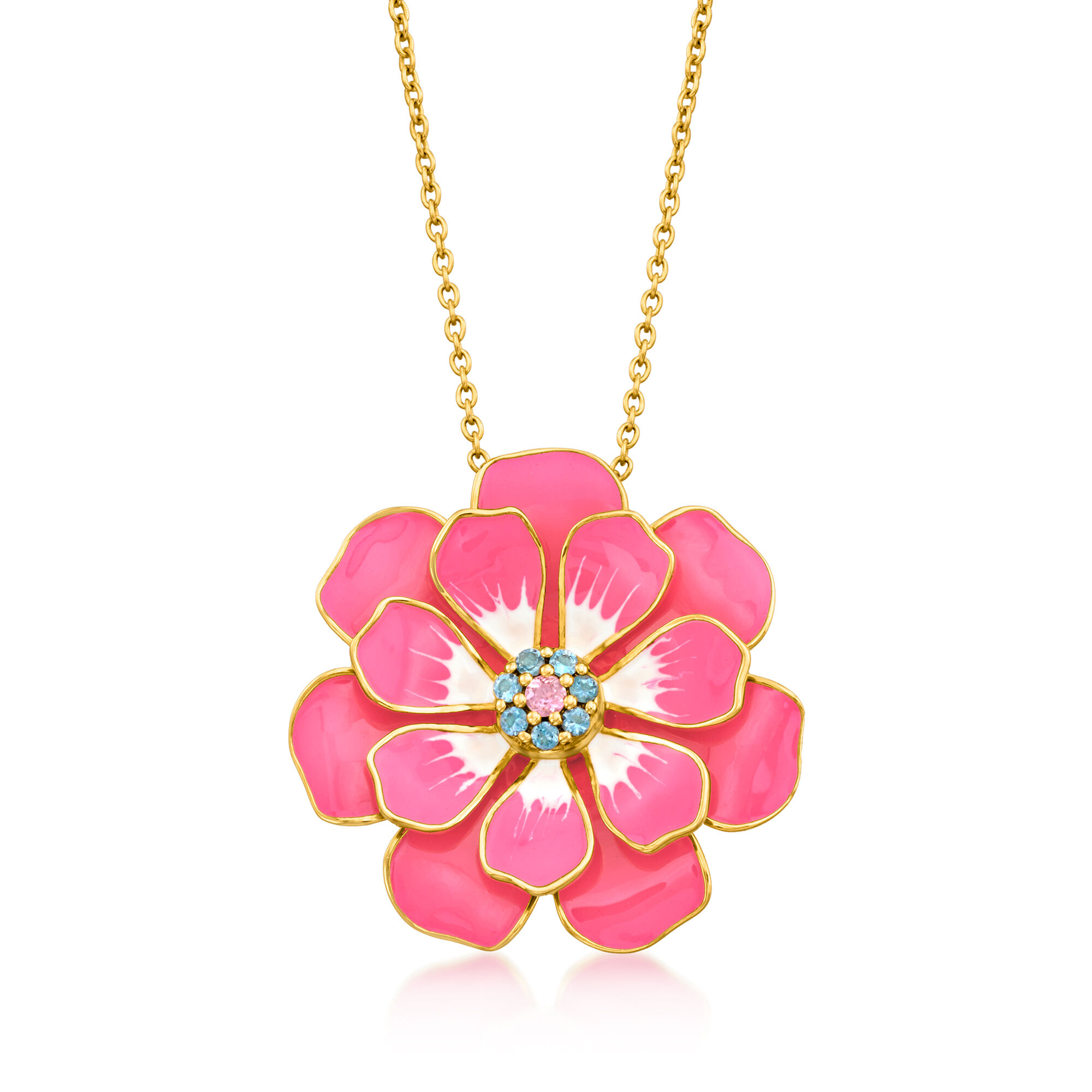 Pink and White Enamel Flower Pendant Necklace with .20 ct