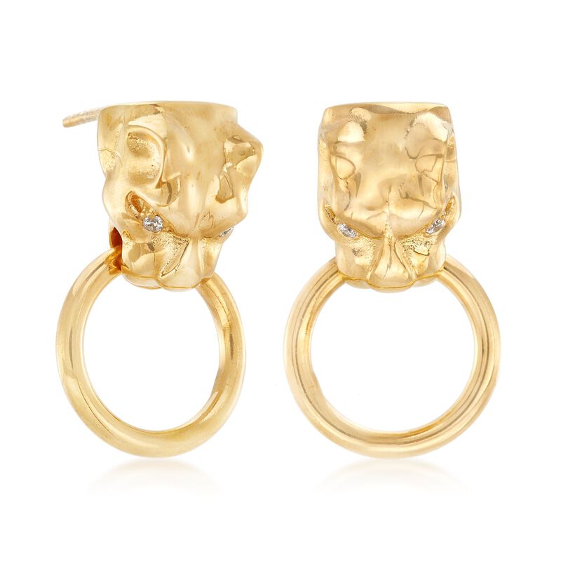 Italian 18kt Yellow Gold Over Sterling Silver Panther Head Doorknocker Earrings with CZ Accents image number 2