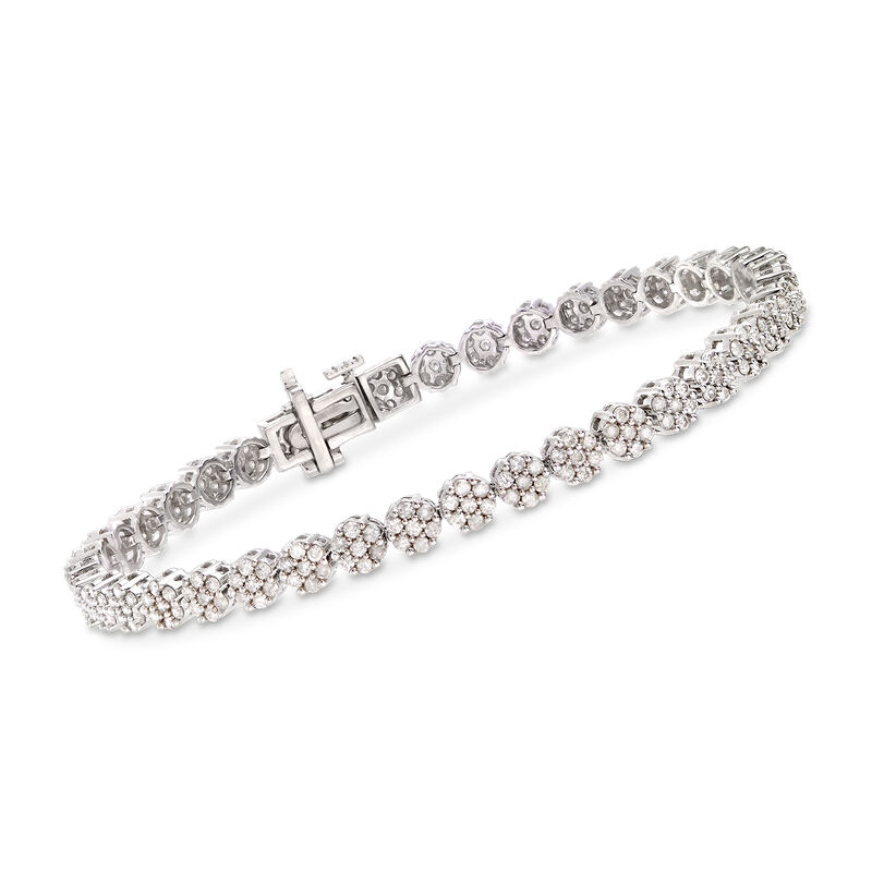 3.00 ct. t.w. Diamond Flower Bracelet in Sterling Silver. 8&quot; image number 0