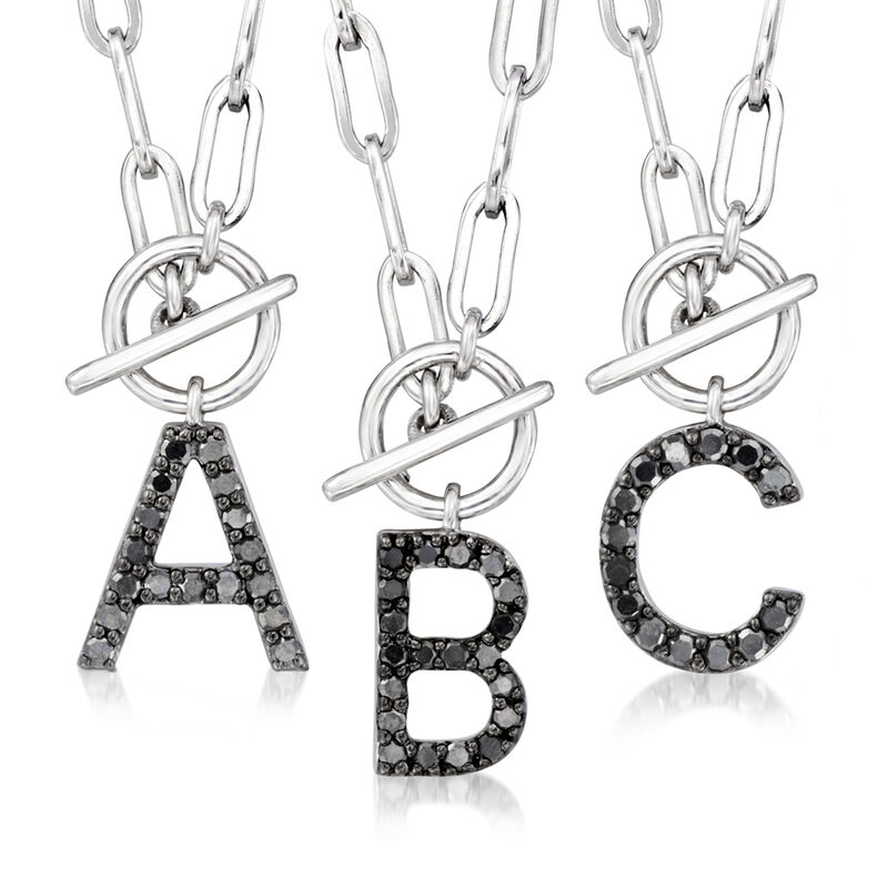B - .10 ct. t.w. Black Diamond Initial Paper Clip Link Toggle Necklace in Sterling Silver. 16&quot; image number 1