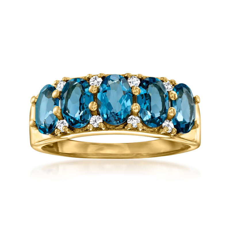 2.90 ct. t.w. London Blue Topaz Five-Stone Ring with .30 ct. t.w. White Zircon in 18kt Gold Over Sterling image number 0
