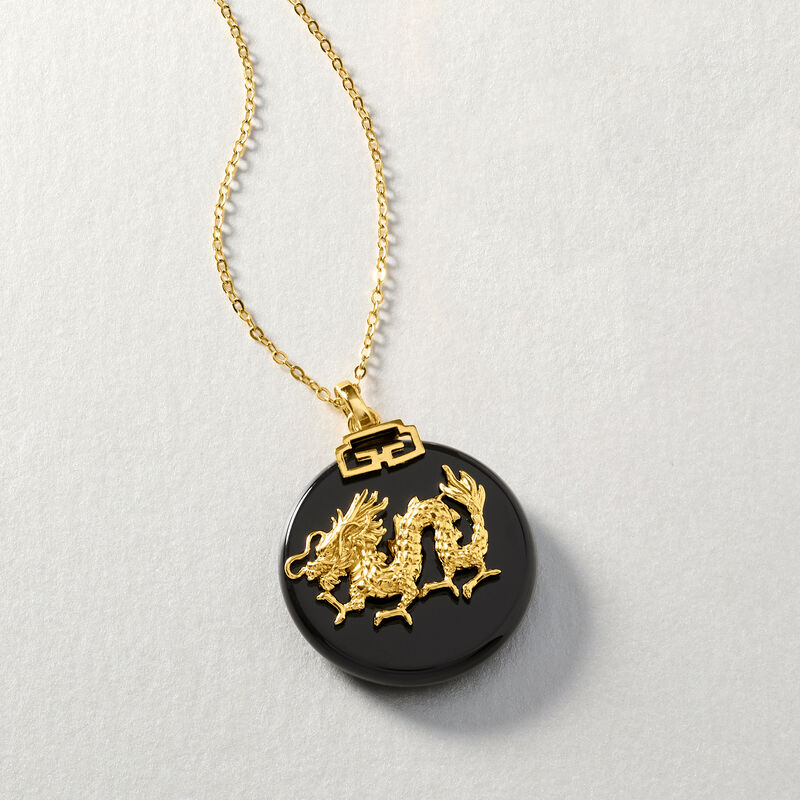 Black Agate Chinese Zodiac Pendant Necklace in 18kt Gold Over Sterling image number 2