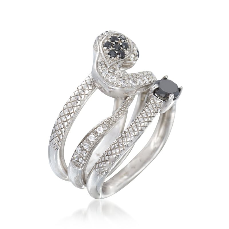 Black Agate and 3.70 ct. t.w. White Topaz Jewelry Set: Three Sterling Silver Snake Rings image number 2
