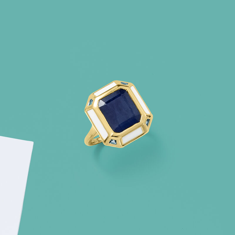 7.50 Carat Sapphire, .20 ct. t.w. Sky Blue Topaz and White Enamel Vintage-Style Ring in 18kt Gold Over Sterling image number 3