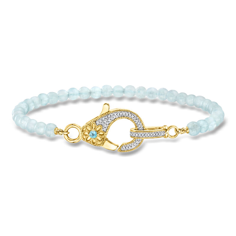 14.00 ct. t.w. Aquamarine Bead and .11 ct. t.w. Diamond Lobster Clasp Bracelet with Single Swiss Blue Topaz in 18kt Gold Over Sterling image number 0