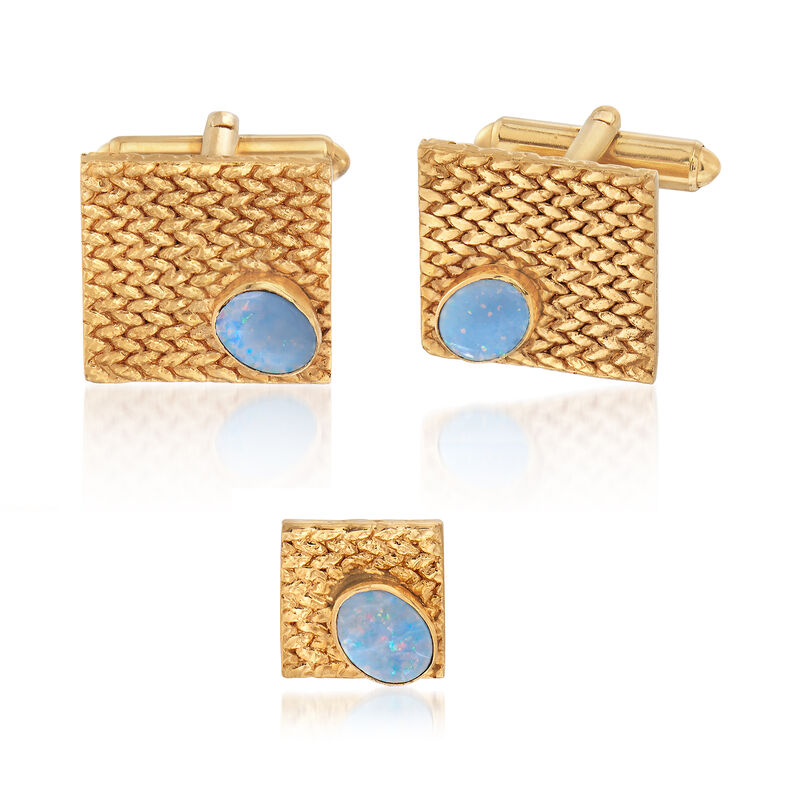 C. 1970 Vintage Men's Jewelry Set: Opal Cuff Links and Tie Tack in 14kt Yellow Gold image number 0