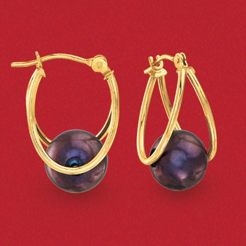 8-9mm Black Cultured Pearl Double-Hoop Earrings in 14kt Yellow Gold. 3/4&quot; image number 3