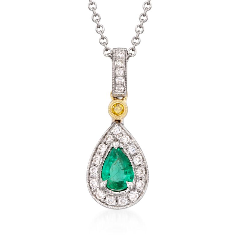 Simon G. .22 Carat Emerald and .16 ct. t.w. Yellow and White Diamond Pendant Necklace in 18kt Two-Tone Gold. 17&quot; image number 0