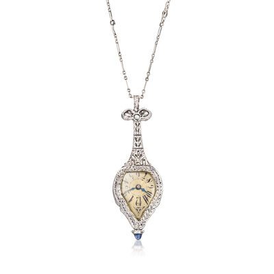 C. 1930 Vintage 1.06 ct. t.w. Diamond and .20 ct. t.w. Sapphire Watch Pendant Necklace in Platinum and 14kt White Gold