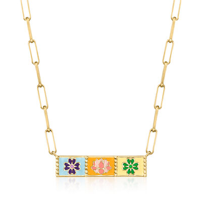 Multicolored Enamel Floral Patchwork Paper Clip Link Id-Style Necklace in 18kt Gold Over Sterling