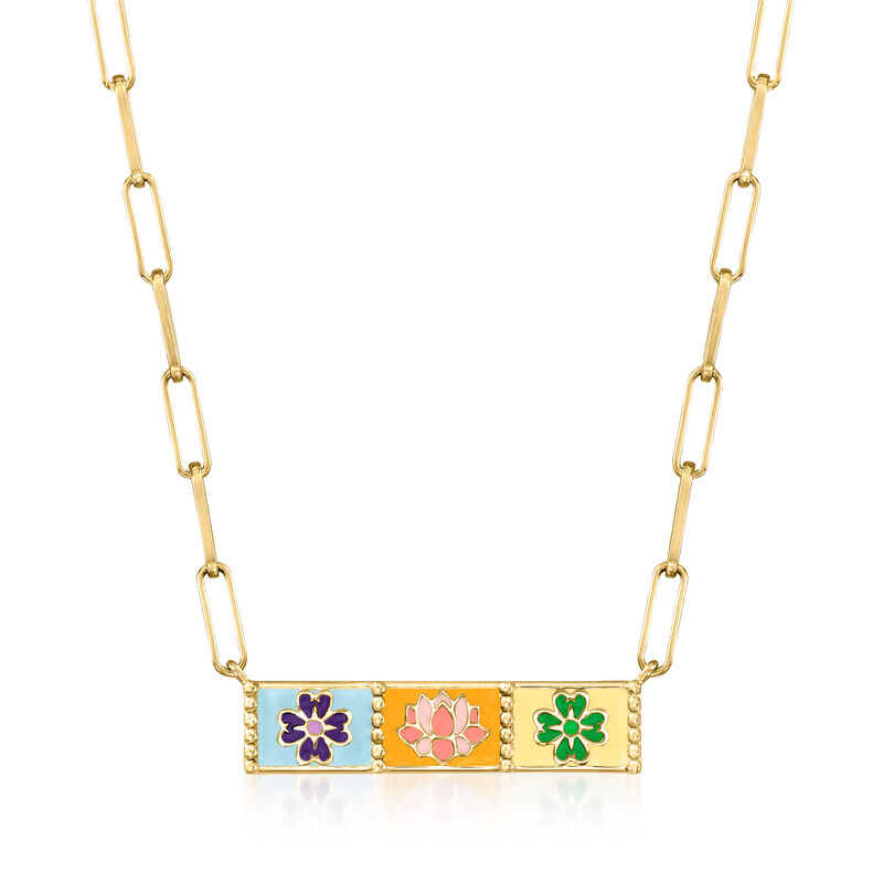Multicolored Enamel Floral Patchwork Paper Clip Link Id-Style Necklace in 18kt Gold Over Sterling. 18&quot; image number 1