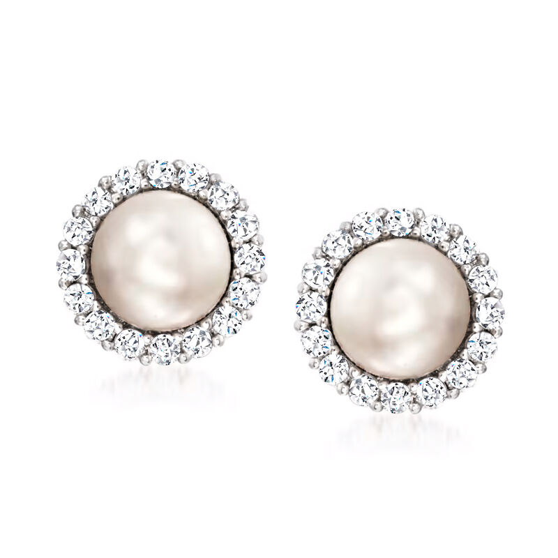 7.5mm Cultured Pearl and 1.10 ct. t.w. CZ Jewelry Set: Earrings and Earring Jackets in Sterling Silver image number 2