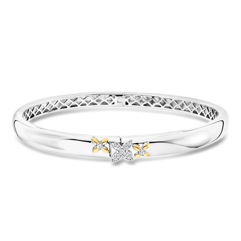 Charles Garnier "Secret Message - C'Est La Vie" .10 ct. t.w. CZ Floral Bangle Bracelet in Sterling Silver with 18kt Gold Over Sterling. 7.5" image number 0