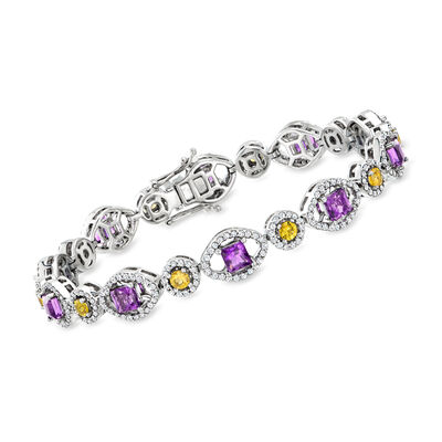 C. 1990 Vintage 4.65 ct. t.w. Multi-Gemstone and 1.75 ct. t.w. Diamond Link Bracelet in 14kt White Gold