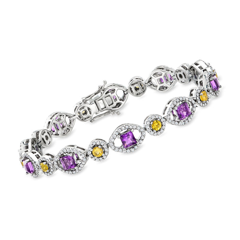 C. 1990 Vintage 4.65 ct. t.w. Multi-Gemstone and 1.75 ct. t.w. Diamond Link Bracelet in 14kt White Gold. 7" image number 0