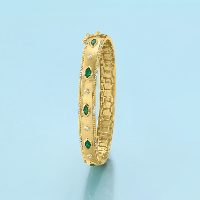 .80 ct. t.w. Emerald and .26 ct. t.w. Diamond Bangle Bracelet in 18kt Gold Over Sterling image number 3
