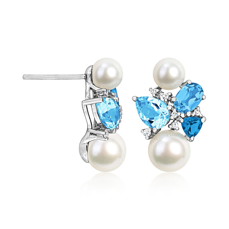 5.5-7.5mm Cultured Pearl and 3.40 ct. t.w. Tonal Blue Topaz Earrings with .10 ct. t.w. Diamonds in 14kt White Gold  image number 1
