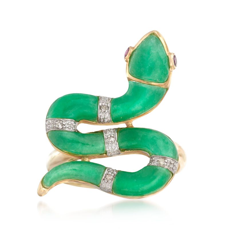 Green Jade Snake Ring with Diamond and Ruby Accents in 14kt Yellow Gold image number 0