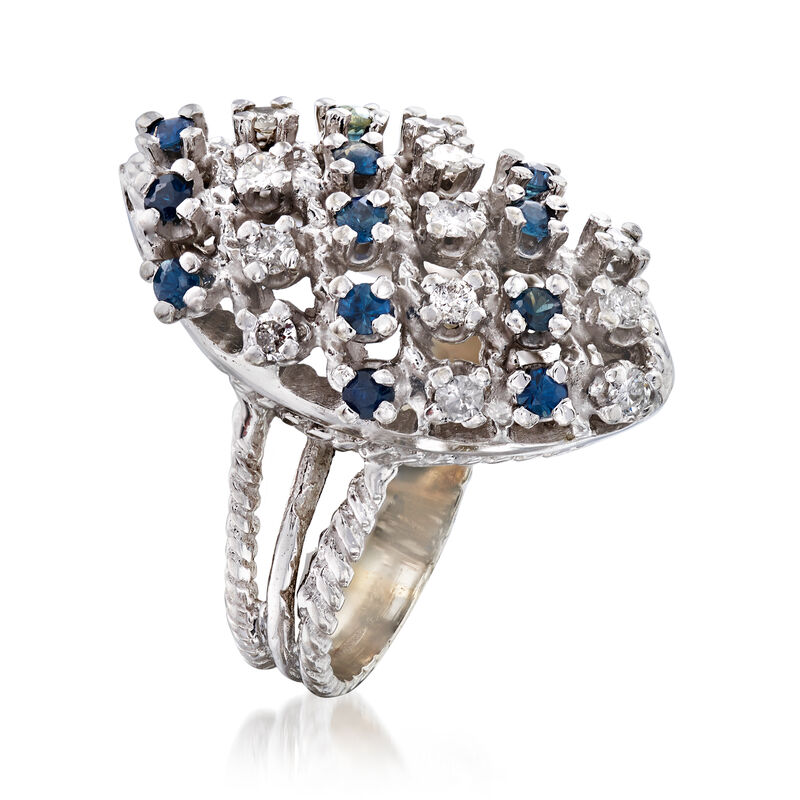 C. 1980 Vintage .60 ct. t.w. Sapphire and .40 ct. t.w. Diamond Multi-Row Ring in 18kt White Gold image number 2