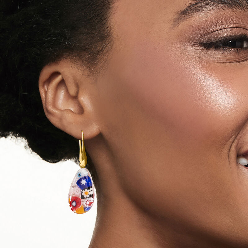Italian Multicolored Millefiori Murano Glass Teardrop Earrings with 18kt Gold Over Sterling image number 1