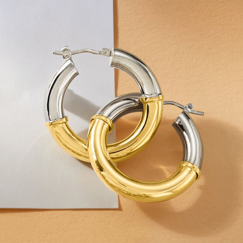 Italian Two-Tone Sterling Silver Hoop Earrings. 1 1/8" image number 3