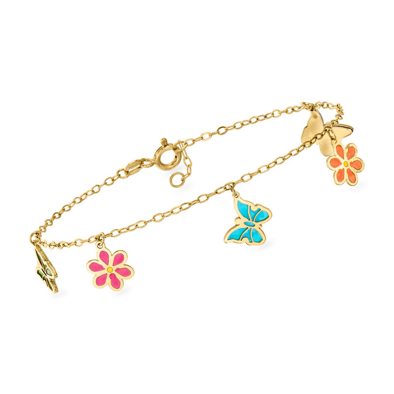 Italian Multicolored Enamel Butterfly and Flower Charm Bracelet in 14kt Yellow Gold image number 2