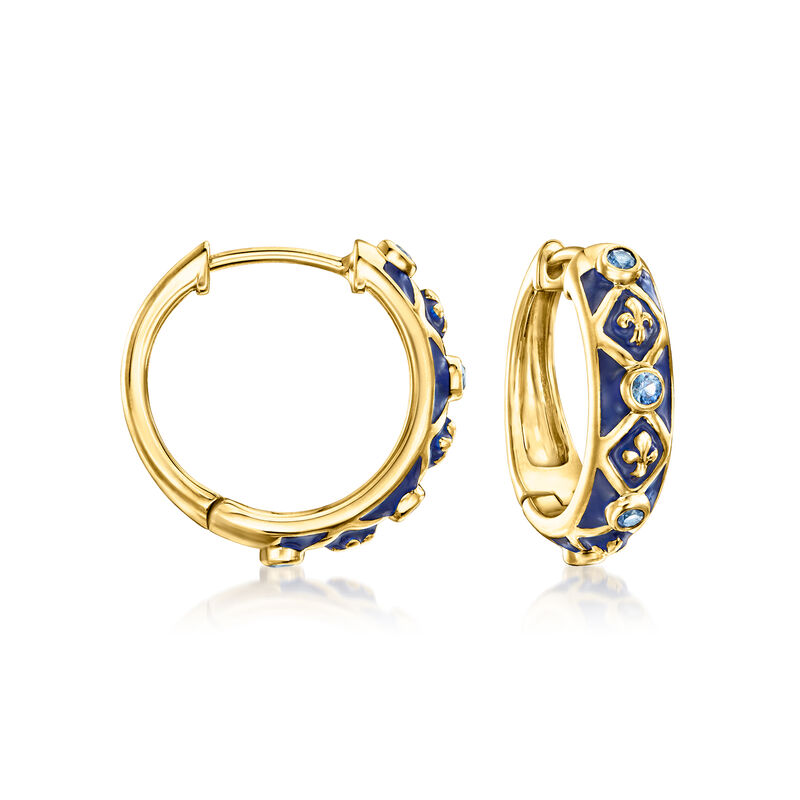 .30 ct. t.w. Sapphire and Blue Enamel Fleur-De-Lis Hoop Earrings in 18kt Gold Over Sterling. 3/4&quot; image number 0
