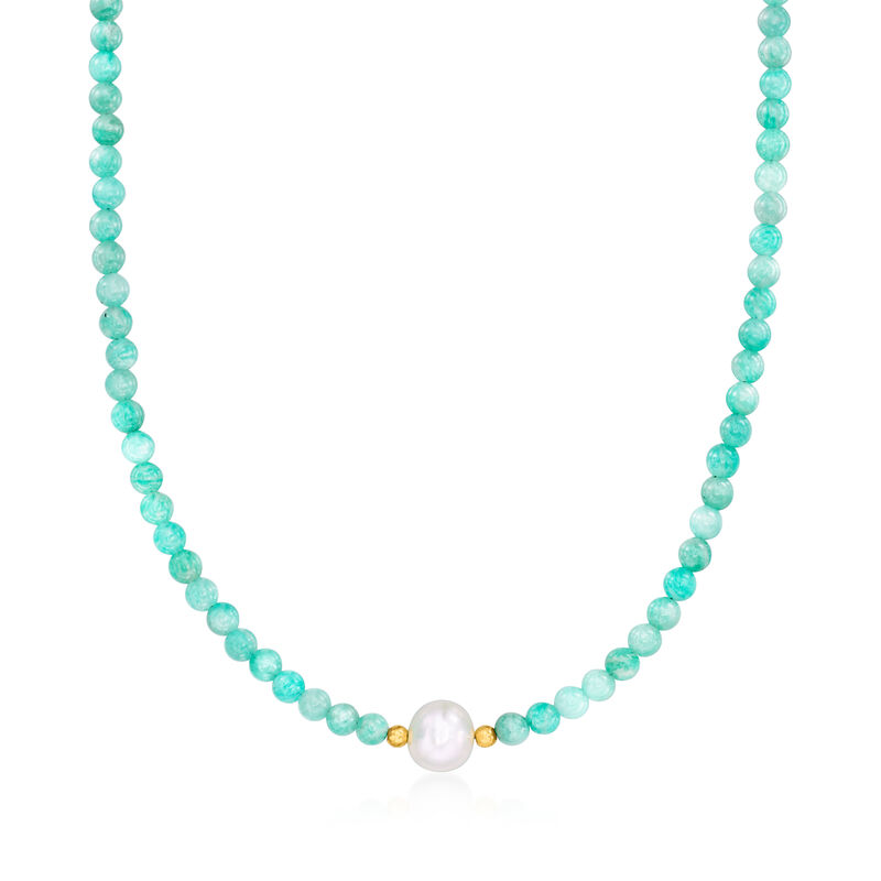8.5-9mm Cultured Pearl and 4-4.5mm Amazonite Bead Necklace with 18kt Gold Over Sterling image number 0