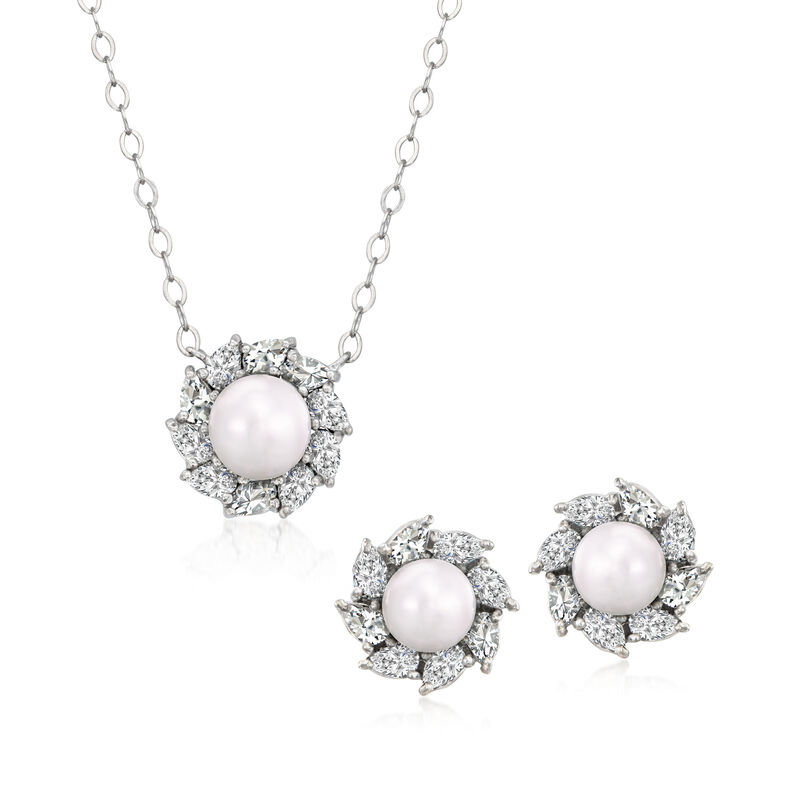 5-6mm Cultured Pearl and 1.30 ct. t.w. CZ Jewelry Set: Halo Earrings and Necklace in Sterling Silver. 16&quot; image number 0