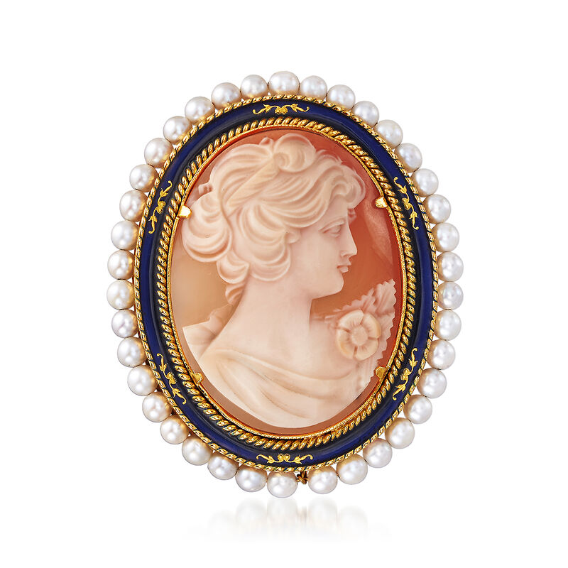 C. 1960 Vintage Oval Cameo with Pearls Necklace in 18kt Yellow Gold. 18&quot; image number 3