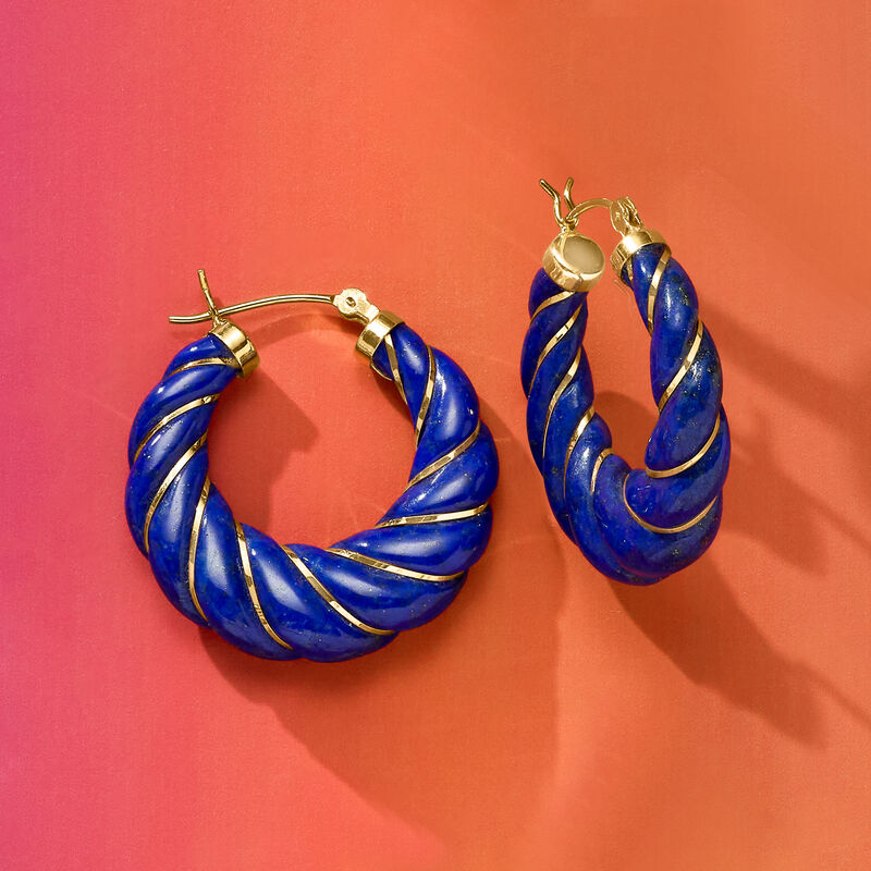Carved Lapis Hoop Earrings with 14kt Yellow Gold. 1 1/8&quot; image number 4