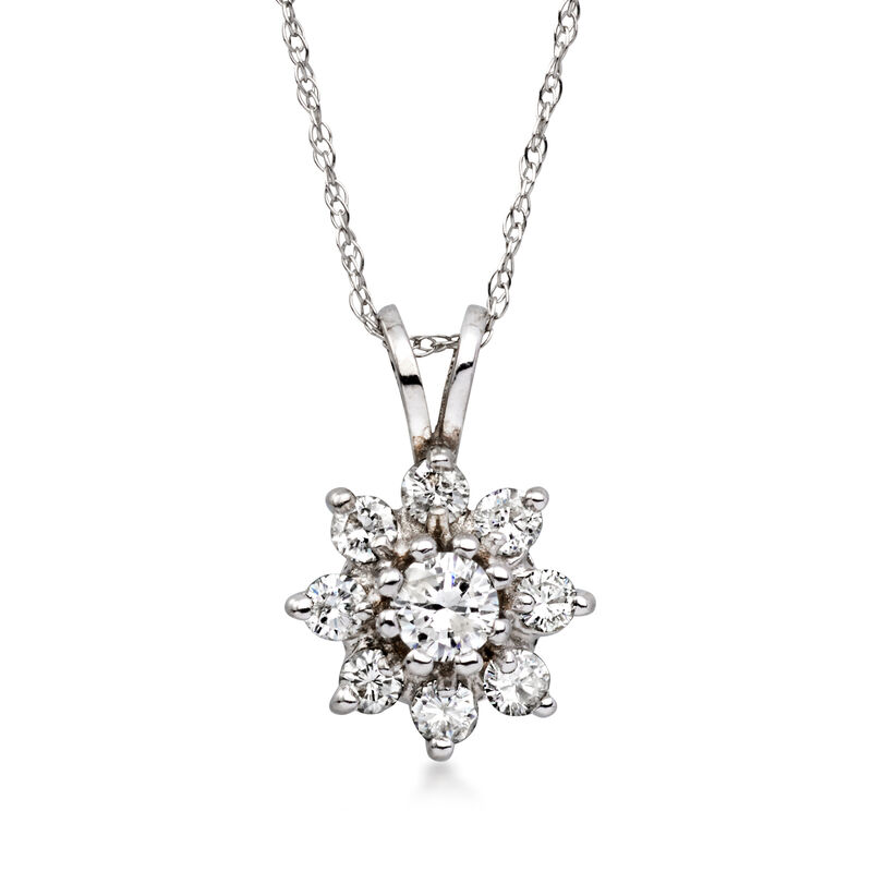 C. 1980 Vintage .50 ct. t.w. Diamond Flower Pendant Necklace in 14kt White Gold. 18" image number 1