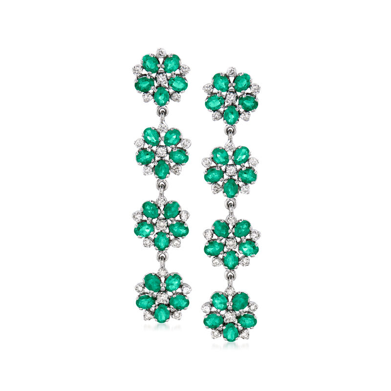 C. 1980 Vintage 6.00 ct. t.w. Emerald and 1.35 ct. t.w. Diamond Floral Drop Earrings in 14kt White Gold image number 0