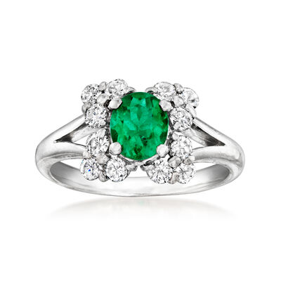 C. 1980 Vintage .64 Carat Emerald and .50 ct. t.w. Diamond Cocktail Ring in Platinum