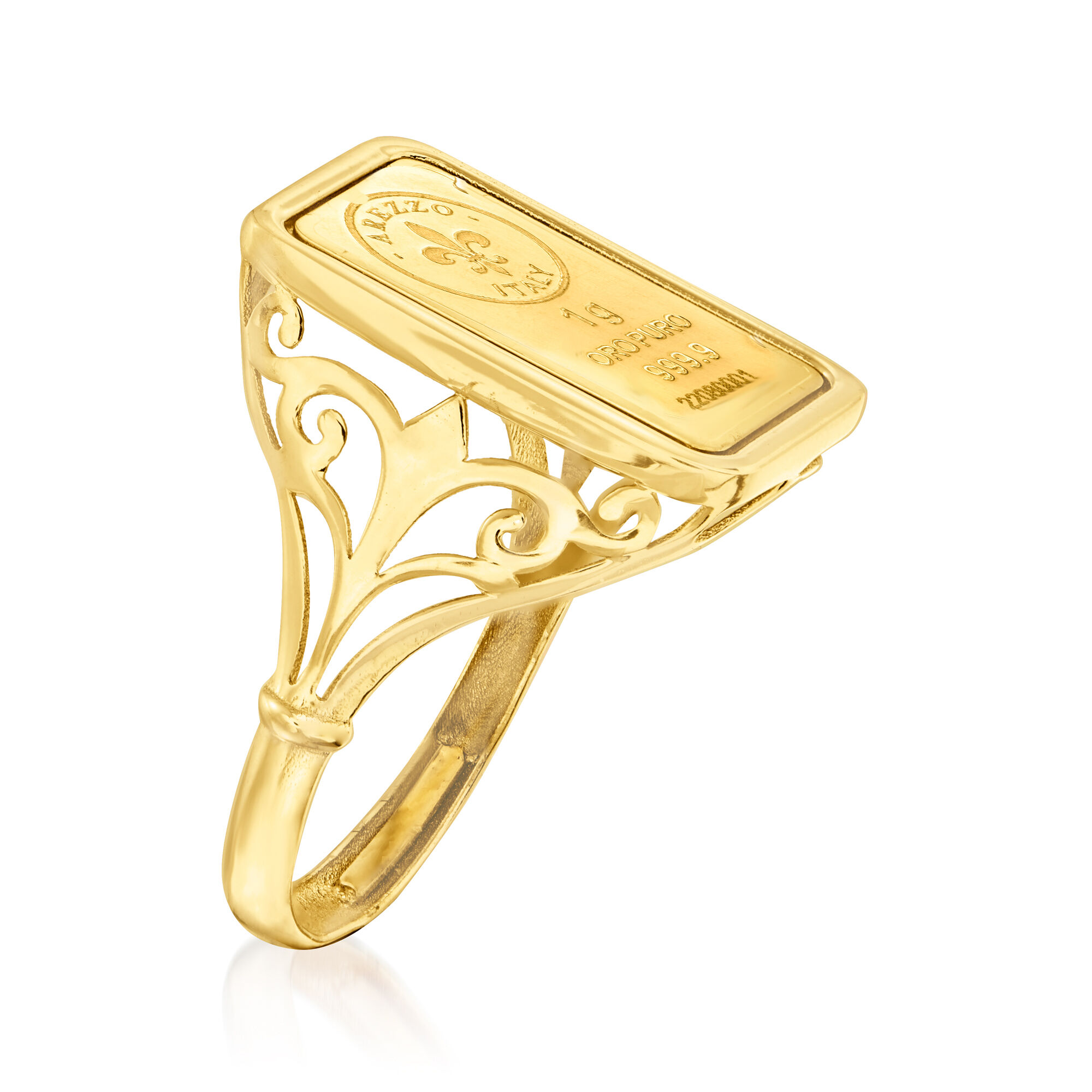 Italian 24kt Yellow Gold Fleur De Lis One Gram Ingot Ring with 14kt Yellow Gold Band
